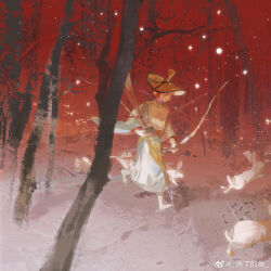 Rule 34 | 1girl, absurdres, arrow (projectile), bare tree, bow (weapon), chinese commentary, closed mouth, forest, grey kimono, hat, highres, holding, holding arrow, holding bow (weapon), holding weapon, japanese clothes, kimono, nature, original, outdoors, rabbit, red background, red hair, red sash, sash, shoes, short hair, shule de yu, snow, snowing, solo, tree, walking, weapon, weibo logo, weibo watermark, white footwear, wide sleeves