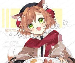 Rule 34 | 1girl, animal ear fluff, animal ears, arknights, artist name, black headwear, black necktie, blush, brown coat, brown hair, cat ears, cat girl, cat tail, coat, collared shirt, colored tips, commentary request, fang, food, fried egg, green eyes, holding, holding plate, itsuki 02, looking at viewer, mousse (arknights), mousse (campfire cooking smoke) (arknights), multicolored hair, necktie, official alternate costume, open mouth, plate, red scarf, sausage, scarf, shirt, short hair, skin fang, solo, tail, twitter username, white hair, white shirt