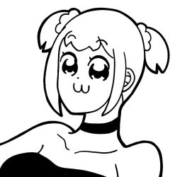 Rule 34 | 1girl, :3, bare shoulders, bkub, choker, collarbone, commentary, dress, greyscale, hair ornament, hair scrunchie, high contrast, lineart, looking at viewer, monochrome, poptepipic, popuko, portrait, scrunchie, short hair, short twintails, sidelocks, simple background, solo, strapless, strapless dress, twintails, two side up, upper body, white background