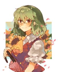 Rule 34 | 1girl, ascot, closed mouth, collared shirt, commentary, field, flower, flower field, green hair, hair between eyes, highres, holding, holding umbrella, kabocha1408, kazami yuuka, looking at viewer, one-hour drawing challenge, petals, pink umbrella, red eyes, red vest, shirt, short hair, short sleeves, solo, sunflower, sunflower field, touhou, umbrella, upper body, vest, white shirt, yellow ascot
