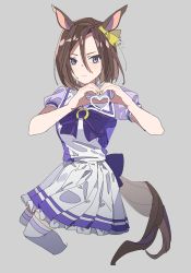 Rule 34 | 1girl, absurdres, air groove (umamusume), animal ears, blue eyes, breasts, brown hair, closed mouth, cropped legs, frown, grey background, heart, heart hands, highres, horse ears, horse girl, horse tail, invisible chair, looking at viewer, medium hair, oda ya ka, parted bangs, pleated skirt, purple shirt, sailor collar, school uniform, shirt, simple background, sitting, skirt, small breasts, solo, tail, thighhighs, tracen school uniform, umamusume, white skirt, white thighhighs
