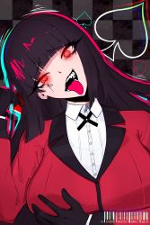 Rule 34 | 1girl, @ @, absurdres, ace glitch, arm up, barcode, black gloves, black hair, blush, breasts, bruise, bruised eye, checkered background, facial mark, gloves, grin, hand on own chest, heart, highres, injury, jabami yumeko, jacket, kakegurui, large breasts, long hair, long sleeves, looking at viewer, open mouth, red eyes, red jacket, school uniform, shirt, smile, solo, teeth, tongue, tongue out, upper body, upper teeth only, white shirt, yandere