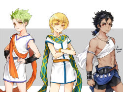 Rule 34 | 3boys, achilles (fate), aged down, ancient greek clothes, bad id, bad pixiv id, black hair, blonde hair, bracelet, changye, child, chiton, crossed arms, dark-skinned male, dark skin, fate/grand order, fate (series), greco-roman clothes, green hair, green scarf, jason (fate), jewelry, midriff, multiple boys, orange scarf, red eyes, scarf, short ponytail, shorts, yellow eyes, young heracles