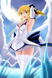 Rule 34 | 1girl, alternate costume, armpits, artoria pendragon (all), artoria pendragon (fate), blonde hair, blush, breasts, cleavage, dress, elbow gloves, excalibur (fate/stay night), fate/stay night, fate (series), from below, gloves, grass, green eyes, harumaki (makey01), highres, looking at viewer, saber (fate), smile, solo, strap gap, sword, thighhighs, thighs, type-moon, weapon, white gloves, white thighhighs