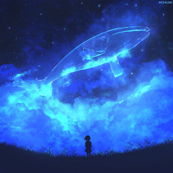 Rule 34 | blue theme, cloud, cloudy sky, commentary, english commentary, facing away, flying whale, from behind, grass, highres, making-of available, mclelun, monochrome, night, night sky, original, outdoors, photoshop (medium), scenery, short hair, signature, sky, standing, star (sky), starry sky, whale