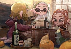 Rule 34 | alcohol, blonde hair, bottle, bowl, chopsticks, closed eyes, closed mouth, commentary request, drink, food, fruit, green hair, grey eyes, holding, holding chopsticks, ikura tuna, indoors, inkling, inkling girl, inkling player character, long hair, medium hair, monitor, mr. grizz (splatoon), nintendo, octoling, octoling girl, octoling player character, orange (fruit), plate, pointy ears, red hair, short hair, sitting, smallfry (splatoon), smile, splatoon (series), splatoon 3, steam, television, tentacle hair, wariza, window