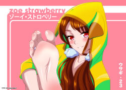 Rule 34 | 1girl, absurdres, barefoot, blush, brown hair, conejologia, feet, highres, hood, long hair, looking at viewer, original, parted lips, red eyes, smile, soles, toes