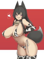 Rule 34 | 1girl, animal ears, animal print, bare shoulders, bell, bikini, black neckwear, blush, breast hold, breast lift, breasts, chinese zodiac, choker, collar, covered erect nipples, cow print, cow print bikini, cowbell, elbow gloves, gloves, hair between eyes, heart, highres, kanaya azami, large breasts, letterboxed, long hair, looking at viewer, looking to the side, makino momiji (artist), navel, neck bell, patterned legwear, print bikini, print gloves, print thighhighs, purple eyes, sagging breasts, side-tie bikini bottom, smile, smug, solo, speech bubble, spoken heart, swimsuit, tail, thighhighs, ukagaka, wolf ears, wolf tail, year of the ox