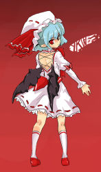 Rule 34 | 1girl, back, backless dress, backless outfit, bat wings, blue hair, dress, female focus, from behind, full body, hat, hat ribbon, kneehighs, long sleeves, mob cap, pointy ears, red background, red eyes, red footwear, red ribbon, red theme, remilia scarlet, ribbon, ribbon-trimmed dress, shoes, socks, solo, standing, touhou, white socks, wings