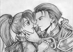 Rule 34 | 1boy, 1girl, angry, armor, couple, earrings, eye contact, fingerless gloves, fire emblem, fire emblem: the blazing blade, gloves, grabbing another&#039;s chin, hector (fire emblem), holding another&#039;s wrist, imminent kiss, jewelry, katana, lips, long hair, looking at another, lyn (fire emblem), monochrome, nintendo, ponytail, short hair, smile, sword, weapon