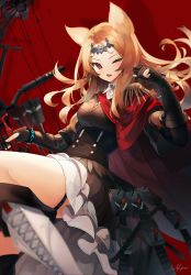 Rule 34 | 1girl, animal ears, archery shooting glove, archetto (arknights), arknights, arrow (projectile), bad id, bad pixiv id, black dress, black gloves, blonde hair, boots, bow (weapon), bracelet, breasts, cape, compound bow, cross-laced footwear, dress, elbow gloves, epaulettes, gloves, hand up, highres, holding, holding bow (weapon), holding weapon, jewelry, lace-up boots, long hair, one eye closed, open mouth, parted hair, partially fingerless gloves, petticoat, pouch, red background, red cape, red eyes, signature, snow is, solo, thigh strap, tiara, weapon