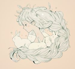Rule 34 | 1girl, blush, braid, rabbit, expressionless, from side, long hair, monochrome, original, profile, simple background, solo focus, tofuvi, very long hair