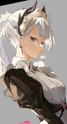 Rule 34 | 1girl, apron, arknights, breasts, closed mouth, commentary request, dutch angle, earrings, frilled apron, frills, from side, grey background, grey eyes, highres, irene (arknights), irene (voyage of feathers) (arknights), jewelry, juliet sleeves, long hair, long sleeves, looking at viewer, maid, maid apron, maid headdress, medium breasts, nape, official alternate costume, parted bangs, ponytail, puffy sleeves, shiraga kemomimi daisuki, simple background, single earring, solo, upper body, white apron, white hair, wing collar