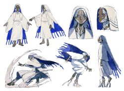 Rule 34 | 1boy, blue eyes, character sheet, closed mouth, commentary request, dark-skinned male, dark skin, full body, hand up, highres, long hair, long sleeves, looking at viewer, male focus, multiple views, original, robe, sabyap, simple background, standing, very dark skin, white background, white hair, white robe, wide sleeves