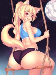Rule 34 | 1girl, animal ears, ass, bare shoulders, blonde hair, blush, breasts, cat ears, cat tail, from behind, full moon, highres, huge ass, large breasts, long hair, looking at viewer, looking back, moon, night, nottytiffy, open mouth, original, ponytail, red eyes, shiny skin, short shorts, shorts, sideboob, smile, solo, swing, tail, tiffy (nottytiffy)