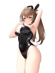 Rule 34 | 1girl, absurdres, ahoge, animal ears, armpits, black hair, black leotard, blush, breasts, brown eyes, brown hair, commentary, covered navel, drey525, english commentary, fake animal ears, fake tail, hair ornament, highleg, highleg leotard, highres, hololive, hololive english, large breasts, latex, latex leotard, leotard, long hair, multicolored hair, nanashi mumei, playboy bunny, ponytail, rabbit ears, rabbit tail, simple background, standing, strapless, strapless leotard, streaked hair, tail, virtual youtuber, white background, white hair