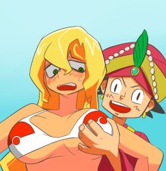 Rule 34 | 1boy, 1girl, ash ketchum, bikini, black hair, blonde hair, blue background, blush, grabbing another&#039;s breast, breasts, commentary request, cookie (touhou), creatures (company), feathers, game freak, grabbing, green eyes, green feathers, hetero, kirisame marisa, large breasts, long hair, looking at another, mars (cookie), nintendo, open mouth, poke ball print, pokemon, scotch (cookie), short hair, swimsuit, touhou, turban, upper body, v-shaped eyebrows, white bikini