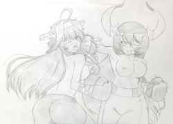 Rule 34 | 10s, 2girls, abyssal ship, anchorage water oni, boxing, boxing gloves, boxing shorts, breasts, commentary request, face punch, greyscale, headgear, horns, in the face, kantai collection, kongou (kancolle), large breasts, long hair, monochrome, multiple girls, punching, saliva, shorts, traditional media, tyatyasaburou