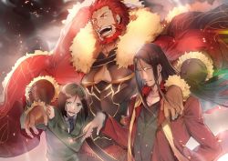 Rule 34 | 3boys, bear, black hair, black shirt, cape, closed eyes, collarbone, fate (series), floating hair, fur trim, green eyes, iskandar (fate), jacket, laughing, long hair, lord el-melloi ii, male focus, multiple boys, necktie, no-kan, open clothes, open jacket, open mouth, parted bangs, parted lips, red cape, red hair, red jacket, shirt, short hair, sweater, upper body, very long hair, waver velvet, white shirt