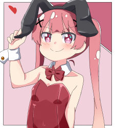 Rule 34 | &gt;:), 1girl, animal ears, bare shoulders, black hairband, blush, bow, bowtie, closed mouth, collar, commentary request, detached collar, fake animal ears, hairband, hand up, heart, highres, kapuru 0410, leotard, long hair, pink background, pink hair, playboy bunny, purple eyes, rabbit ears, red bow, red bowtie, red leotard, smile, solo, strapless, strapless leotard, tanemura koyori, twintails, upper body, v-shaped eyebrows, very long hair, watashi ni tenshi ga maiorita!, white collar, wing collar, wrist cuffs