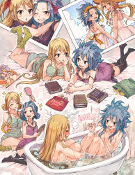 Rule 34 | 2girls, :d, ;d, ass, bathtub, black shirt, black socks, blonde hair, blue hair, blue panties, blush, breasts, brown eyes, butt crack, cleavage, closed eyes, collarbone, completely nude, dress, eye contact, fairy tail, frilled dress, frills, green legwear, green shirt, hair censor, hair over breasts, hairband, head rest, highres, holding, holding brush, holding hands, hugging own legs, kneehighs, large breasts, levy mcgarden, long hair, looking at another, looking at viewer, looking back, lucy heartfilia, lying, medium breasts, multiple girls, nude, off shoulder, on stomach, one eye closed, open mouth, orange hairband, panties, parted bangs, photo (object), print panties, print shirt, purple dress, rusky, same-sex bathing, shared bathing, shirt, short dress, short sleeves, sideboob, sleeveless, sleeveless dress, sleeveless shirt, smile, socks, striped clothes, striped shirt, sundress, the pose, thighhighs, twintails, underwear, very long hair, white dress, white hairband