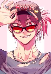 Rule 34 | 1boy, adjusting clothes, adjusting headwear, arm up, bandaid, bandaid on neck, baseball cap, black-framed eyewear, boku no hero academia, chain necklace, character name, collarbone, commentary, ear piercing, earrings, english commentary, eyes visible through hair, fashion, gear earrings, grin, hair between eyes, hand on headwear, hat, highres, jewelry, kirishima eijirou, looking at viewer, lowah, male focus, multiple rings, necklace, piercing, pink background, red-tinted eyewear, red eyes, red hair, ring, shade, sharp teeth, shirt, side ponytail, slit pupils, smile, solo, sparkle, spiked ear piercing, sticker, sunglasses, teeth, tinted eyewear, torn clothes, torn shirt, tsurime, twitter username, two-tone background, upper body, v-shaped eyebrows, white background