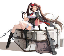 Rule 34 | 1girl, absurdres, assault rifle, black footwear, black hair, boots, breasts, brown eyes, bullpup, buttons, double-breasted, double bun, explosive, flashbang, girls&#039; frontline, grenade, gun, hair bun, hand grenade, highres, less-than-lethal weapon, long hair, m84 stun grenade, miniskirt, qbz-97, qsihsin, rifle, shirt, sitting, skirt, small breasts, solo, stun grenade, thighhighs, twintails, type 97 (girls&#039; frontline), underbust, very long hair, weapon, white shirt, white skirt, white thighhighs