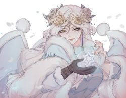 Rule 34 | 1girl, brown gloves, cape, chuo4016, daydream forester, earrings, flower, fur, globe, gloves, grey hair, hair between eyes, highres, jewelry, light smile, long hair, looking at viewer, petals, rose, sky: children of the light, snowball, solo, tassel, tassel earrings, tsurime, wavy hair, white hair, wreath, yellow flower, yellow rose