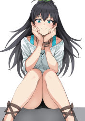 Rule 34 | 1girl, antenna hair, aqua eyes, bike shorts, black hair, black shorts, blush, bra strap, closed mouth, collarbone, commentary request, feet out of frame, ganaha hibiki, green ribbon, hair ribbon, hands on own cheeks, hands on own face, highres, idolmaster, idolmaster (classic), jewelry, long hair, looking at viewer, necklace, ponytail, ribbon, shirt, short shorts, short sleeves, shorts, simple background, sitting, smile, solo, tsurui, white background, white shirt