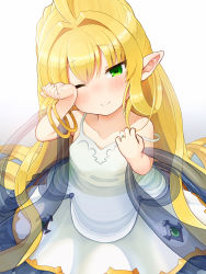 Rule 34 | 1girl, absurdres, bangle, bare arms, bare shoulders, blonde hair, blush, bracelet, closed mouth, collarbone, commentary request, gem, gold trim, granblue fantasy, green eyes, green gemstone, hair intakes, hair spread out, harvin, head tilt, highres, jewelry, kirii nao, long hair, looking at viewer, melissabelle, nose blush, one eye closed, pointy ears, ring, rubbing eyes, smile, solo, strap slip, tears, very long hair