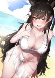 Rule 34 | 1girl, absurdres, animal ears, atago (azur lane), atago (summer march) (azur lane), atago (summer march) (azur lane), azur lane, beach, bikini, bikini pull, blush, bracelet, breasts, brown hair, cleavage, clothes pull, cloud, cloudy sky, collarbone, cotton kanzaki, covered erect nipples, cowboy shot, day, dutch angle, floral print, flower, gluteal fold, hair flower, hair ornament, hair ribbon, hand on own chest, heart, heart-shaped pupils, highres, jewelry, large breasts, long hair, looking at viewer, mole, mole under eye, navel, ocean, open mouth, outdoors, ribbon, see-through, sky, solo, swimsuit, symbol-shaped pupils, thighs, white bikini, yellow eyes