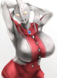 Rule 34 | 1girl, armpits, arms behind head, arms up, breasts, gradient background, huge breasts, looking at viewer, ogura anko, simple background, skin tight, solo, twintails, ultra mother, ultra series, ultraman, white hair, wide hips