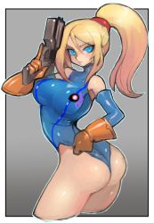 Rule 34 | 1girl, adapted costume, blonde hair, blue eyes, breasts, commentary, dakusuta, gun, highres, holding, holding gun, holding weapon, large breasts, leotard, looking at viewer, metroid, mole, mole under mouth, nintendo, ponytail, samus aran, solo, twisted torso, weapon, zero suit