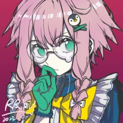 Rule 34 | 1girl, alternate costume, arknights, artist name, bow, braid, commentary request, dated, glasses, gloves, green eyes, green gloves, hair bow, hair ornament, hairclip, highres, looking at viewer, may (arknights), penguin hair ornament, pink hair, red background, round eyewear, rryy, short hair with long locks, sidelocks, simple background, solo, twin braids