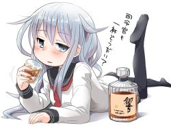 Rule 34 | 1girl, alcohol, black pantyhose, blush, cup, drinking glass, drunk, female focus, hibiki (kancolle), kantai collection, koharuko (khrkhrk), looking at viewer, pantyhose, parted lips, shot glass, simple background, skirt, solo, whiskey, white background