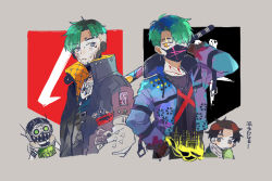 Rule 34 | 4boys, animification, apex legends, black headwear, black jacket, black shirt, blue eyes, blue jacket, color connection, country connection, crossover, crypto (apex legends), dead by daylight, goggles, green hair, green jacket, green vest, hack (apex legends), hair over one eye, hak ji-woon (pressured performer), jacket, jake park, jewelry, kernel panic crypto, looking to the side, male focus, mask, masshiro, mouth mask, multiple boys, necklace, octane (apex legends), official alternate costume, shirt, the trickster (dead by daylight), vest, yellow eyes
