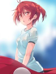 Rule 34 | 1girl, blush, breasts, costume, highres, isshiki akane, looking at viewer, michairu, nipples, no bra, open mouth, red eyes, red hair, shirt, short hair, sketch, small breasts, solo, sweat, twintails, vividred operation, wet, wet clothes, wet shirt