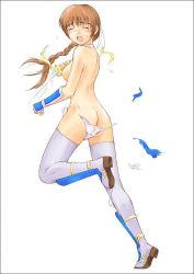 Rule 34 | 1girl, ^ ^, armor, ass, back, black border, border, braid, breasts, brown hair, choker, closed eyes, crying, dead or alive, embarrassed, from side, full body, holding, holding sword, holding weapon, japanese armor, kasumi (doa), kote, long hair, looking back, medium breasts, nipples, no pants, open mouth, panties, ribbon, running, sandals, short sword, simple background, single braid, solo, suneate, sword, tears, tecmo, thighhighs, topless, torn clothes, torn panties, underwear, untied, wardrobe malfunction, weapon, white background, white panties, white ribbon, white thighhighs, yellow ribbon