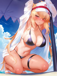 Rule 34 | 1girl, armpits, arms up, bare shoulders, beach umbrella, bikini, black bikini, black rock shooter, blush, breasts, chariot (black rock shooter), cleavage, collarbone, greyscale, hat, highres, hiyake-chan, jacket, kneeling, large breasts, long hair, long sleeves, looking at viewer, m-da s-tarou, monochrome, navel, one-piece tan, open clothes, open jacket, original, sketch, solo, sweat, swimsuit, tan, tanline, thigh strap, thighs, twintails, umbrella, visor cap, white hat