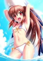 Rule 34 | 1girl, armpits, arms up, bikini, blue sky, breasts, brown hair, cloud, collarbone, cowboy shot, day, fang, front-tie top, inflatable toy, inflatable whale, little busters!, long hair, looking at viewer, natsume rin, navel, open mouth, outdoors, ponytail, red eyes, side-tie bikini bottom, sky, small breasts, smile, soaking feet, solo, standing, swimsuit, wading, water, white bikini, zen