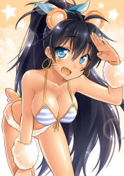 Rule 34 | 1girl, :d, animal ears, bare shoulders, bent over, bikini, black hair, blue eyes, blush, breasts, cleavage, earrings, fang, front-tie top, fur, ganaha hibiki, highres, idolmaster, idolmaster (classic), jewelry, kemonomimi mode, large breasts, leaning forward, long hair, okitakung, open mouth, ponytail, salute, smile, solo, striped bikini, striped clothes, swimsuit, tail, tan, very long hair