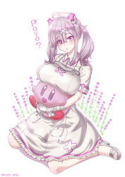 Rule 34 | 1girl, :o, ahoge, apron, bandaged arm, bandages, breast rest, breasts, commentary request, crossover, eyes visible through hair, flower request, gloves, hair ornament, hair over one eye, hat, highres, kirby, kirby (series), kudoo atsu, large breasts, looking at viewer, medium hair, mole, mole under eye, nijisanji, nintendo, nurse, nurse cap, parted lips, purple eyes, sandals, short sleeves, silver hair, sitting, solo, stuffed toy, sukoya kana, twintails, twitter username, virtual youtuber, wariza, white apron, white gloves, white hat, white wrist cuffs, wrist cuffs, x hair ornament