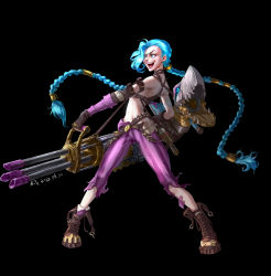 Rule 34 | 1girl, :d, absurdres, arcane: league of legends, arcane jinx, arm tattoo, asymmetrical bangs, bare shoulders, belt, black background, blue hair, braid, breasts, brown footwear, cloud tattoo, crop top, fangs, fingerless gloves, gatling gun, gloves, highres, holding, holding weapon, jinx (league of legends), league of legends, long hair, minigun, mu xin, navel, open mouth, pants, pink pants, rocket launcher, shoes, shoulder tattoo, simple background, small breasts, smile, solo, stomach, striped clothes, striped pants, tattoo, teeth, torn clothes, torn pants, twin braids, weapon