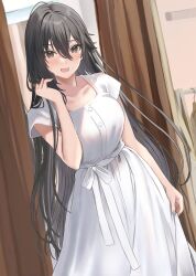 Rule 34 | 1girl, :d, black eyes, black hair, blush, breasts, changing room, collarbone, curtains, dress, hair between eyes, hamu (plot sy), hand in own hair, highres, indoors, long hair, looking at viewer, medium breasts, non-web source, open mouth, original, sasagawa ayano, short sleeves, smile, solo, standing, very long hair, white dress