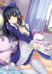 Rule 34 | alarm clock, black hair, blue bow, book, bow, brown eyes, character request, chiba saori, clock, clothes lift, curtains, dress, dress lift, hair bow, hand up, hourou musuko, indoors, lifting own clothes, long hair, long sleeves, on bed, panties, pillow, single thighhigh, solo, stuffed animal, stuffed rabbit, stuffed toy, thighhighs, underwear, white panties, white thighhighs, window, yamai