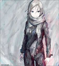Rule 34 | 10s, 1girl, abyssal ship, alternate costume, blue eyes, colored skin, jacket, k-suwabe, kantai collection, long hair, looking at viewer, pants, scarf, silver hair, sketch, smile, solo, ta-class battleship, twitter username, white skin