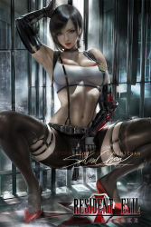Rule 34 | 1girl, ada wong, armpits, artist name, backlighting, bare shoulders, belt, belt buckle, bike shorts, black eyes, black gloves, black hair, black thighhighs, breasts, buckle, cleavage, collarbone, commentary request, copyright name, cosplay, crop top, earrings, elbow gloves, final fantasy, final fantasy vii, fingerless gloves, gloves, gun, handgun, high heels, holding, holding gun, holding weapon, jewelry, large breasts, looking at viewer, navel, no pants, panties, panties under bike shorts, parted lips, police badge, prison, red footwear, red lips, resident evil, revision, sakimichan, short hair, signature, skindentation, smile, solo, spread legs, squatting, stomach, suspenders, sweat, thighhighs, tifa lockhart, tifa lockhart (cosplay), torn clothes, torn thighhighs, underwear, v-shaped eyebrows, weapon, white panties
