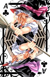 Rule 34 | 1girl, ace (playing card), blonde hair, bow, braid, broom, card, card (medium), clenched teeth, dual persona, fang, female focus, fingernails, hair bow, hand on headwear, hat, hat ribbon, highres, index finger raised, kirisame marisa, mini-hakkero, one eye closed, parted lips, playing card, pointing, ribbon, rotational symmetry, sharp teeth, short sleeves, single braid, teeth, touhou, trigram, vest, white background, wink, witch hat, yellow eyes, yoiti