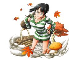 Rule 34 | 1girl, autumn leaves, black hair, blue eyes, bodskih, collarbone, dress, floating hair, glasses, hand on own hip, jewelry, leaf, leaning forward, long hair, looking at viewer, mushroom, necklace, nico robin, nico robin (strong world), one piece, one piece: strong world, one piece treasure cruise, ponytail, shiny skin, solo, standing, striped clothes, striped dress, striped sweater, sweater, sweater dress, transparent background, tree
