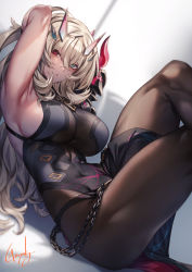 Rule 34 | 1girl, armor, armpits, arms behind head, arms up, bare shoulders, black dress, black gloves, blonde hair, breasts, brown pantyhose, dress, elbow gloves, barghest (fate), barghest (second ascension) (fate), fate/grand order, fate (series), gauntlets, genyaky, gloves, green eyes, heterochromia, highres, horns, large breasts, long hair, looking at viewer, pantyhose, pauldrons, pelvic curtain, red eyes, shoulder armor, sideboob, single gauntlet, single pauldron, solo, thighs
